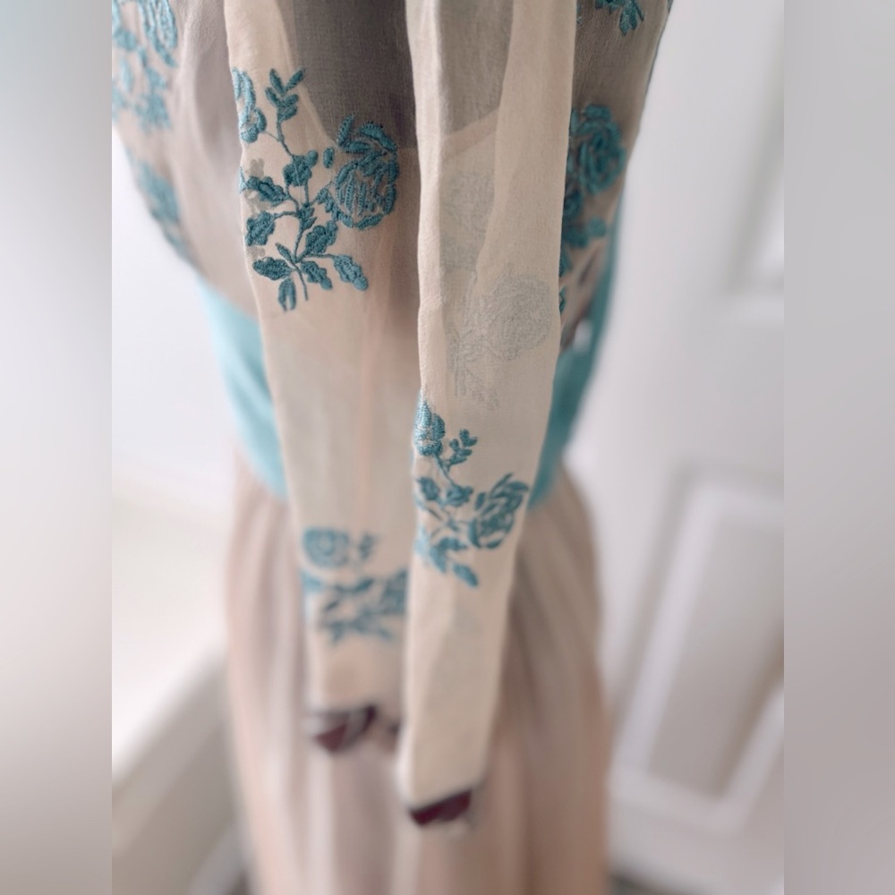 Anthropology dress. Size S. Open back. Saying bow tie in back. Sheer. Embroidery